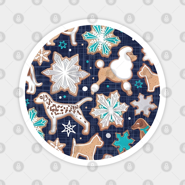 Catching ice and sweetness // pattern // navy blue background gingerbread white brown grey and dogs and snowflakes turquoise details Magnet by SelmaCardoso